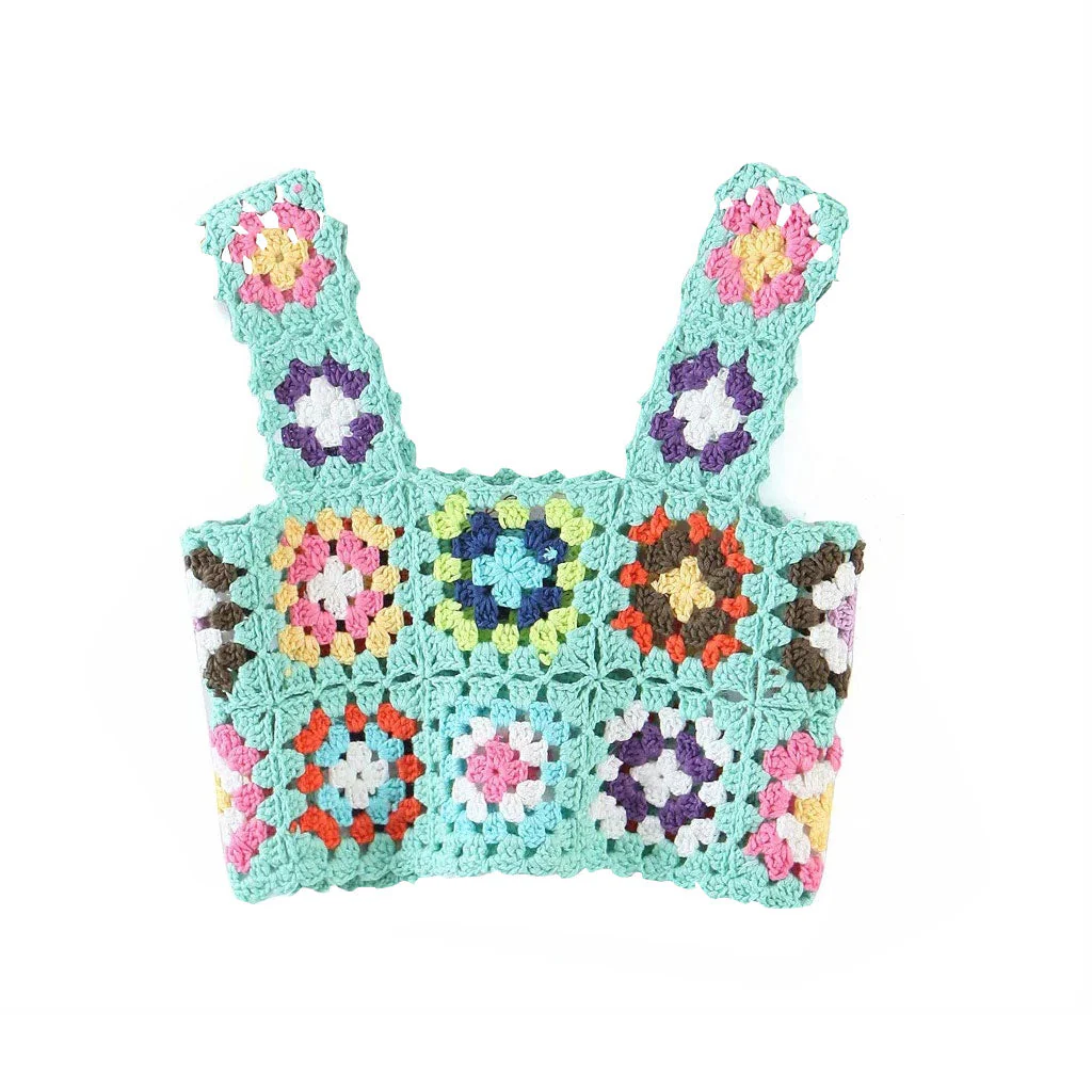 Vibrant Floral Pullover Granny Square Crochet Knit Tank Top - Mint - Image 3