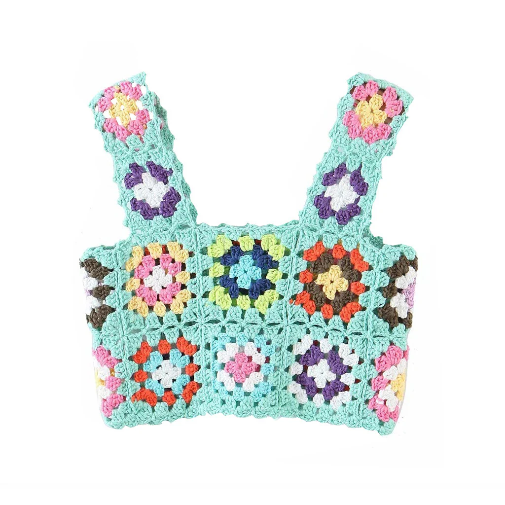 Vibrant Floral Pullover Granny Square Crochet Knit Tank Top - Mint - Image 4