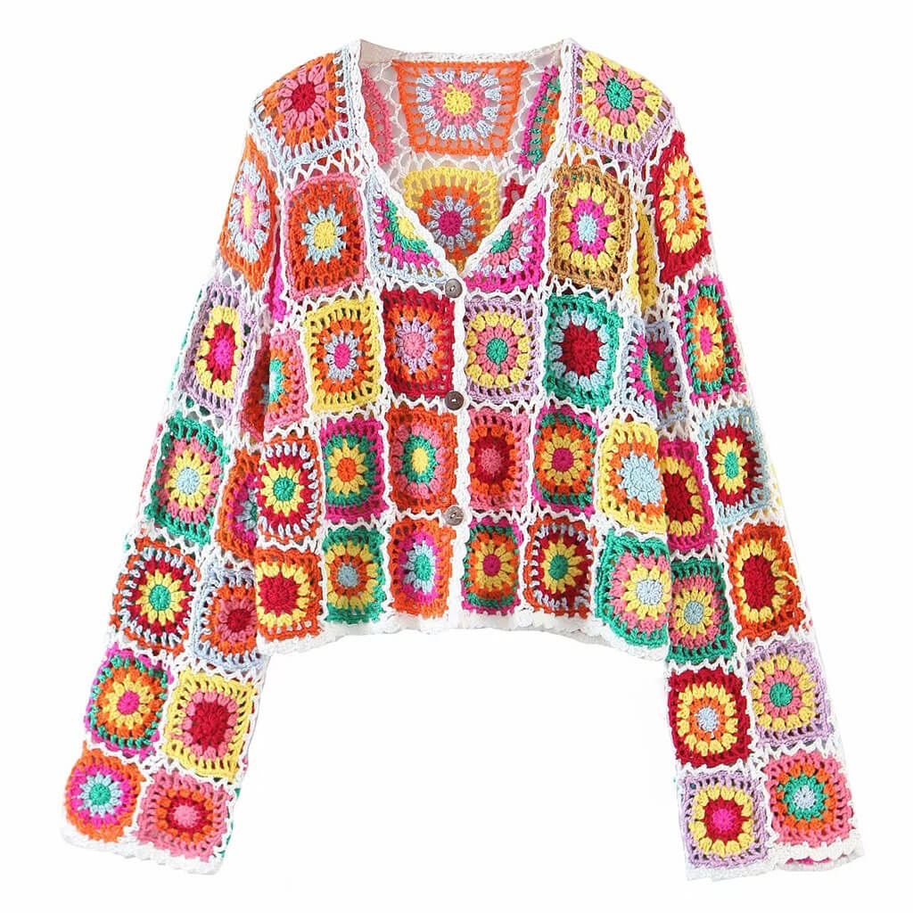 Vibrant Scalloped Button Down Floral Granny Square Crochet Knit Cardigan - Multicolor - Image 3