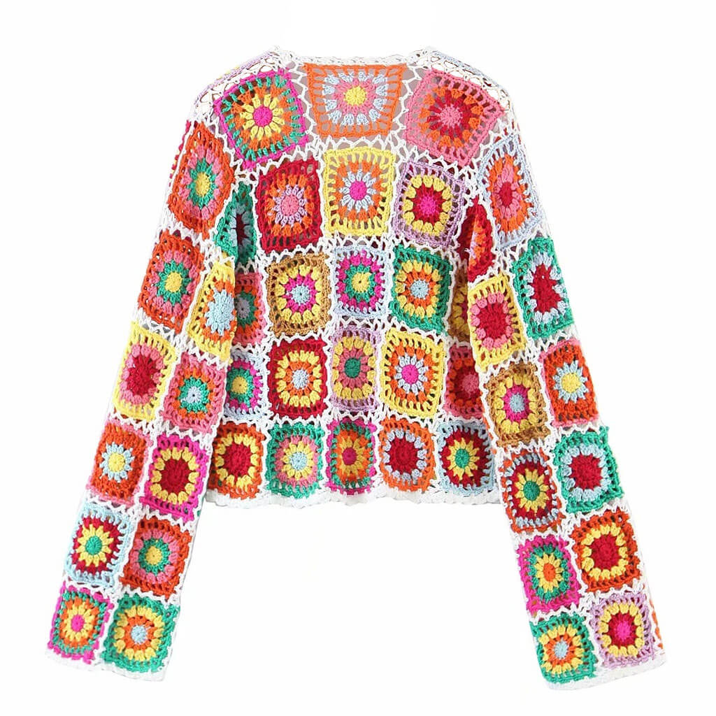 Vibrant Scalloped Button Down Floral Granny Square Crochet Knit Cardigan - Multicolor - Image 4