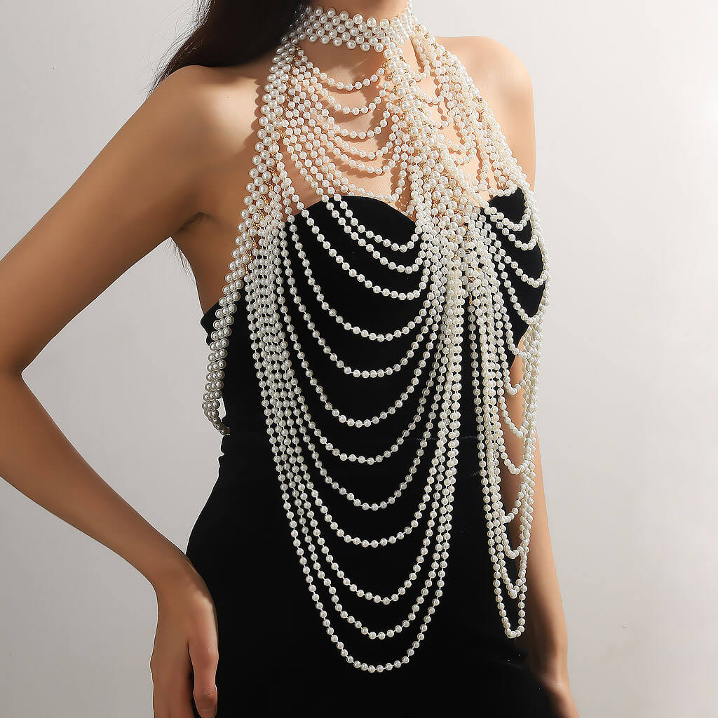 VICTORIAN FANTASIA Metallic Layered Imitation Pearl Choker Body Chain - Image 3