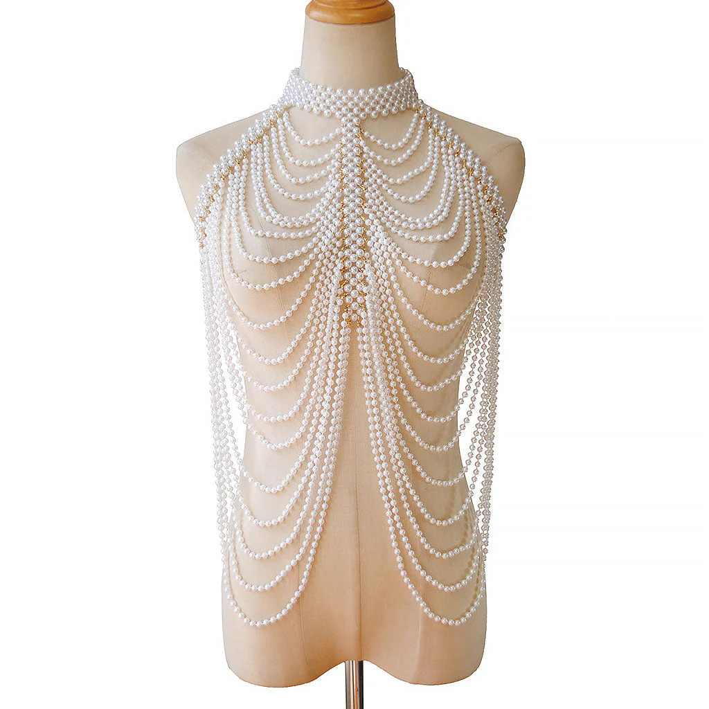 VICTORIAN FANTASIA Metallic Layered Imitation Pearl Choker Body Chain - Image 4
