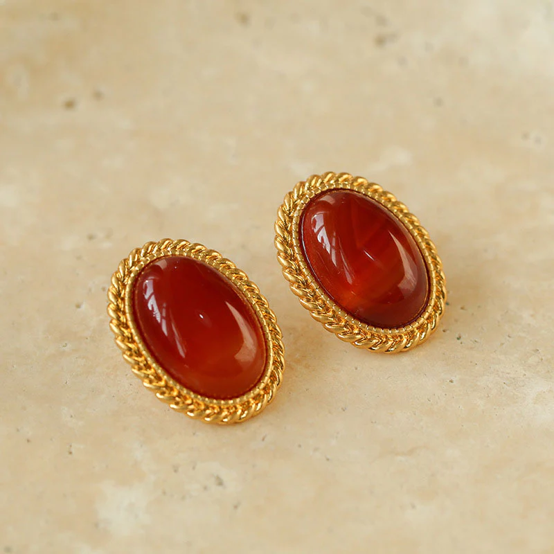 Vintage 18K Gold Plated Red Onyx Sterling Silver Twist Stud Earrings - Image 3
