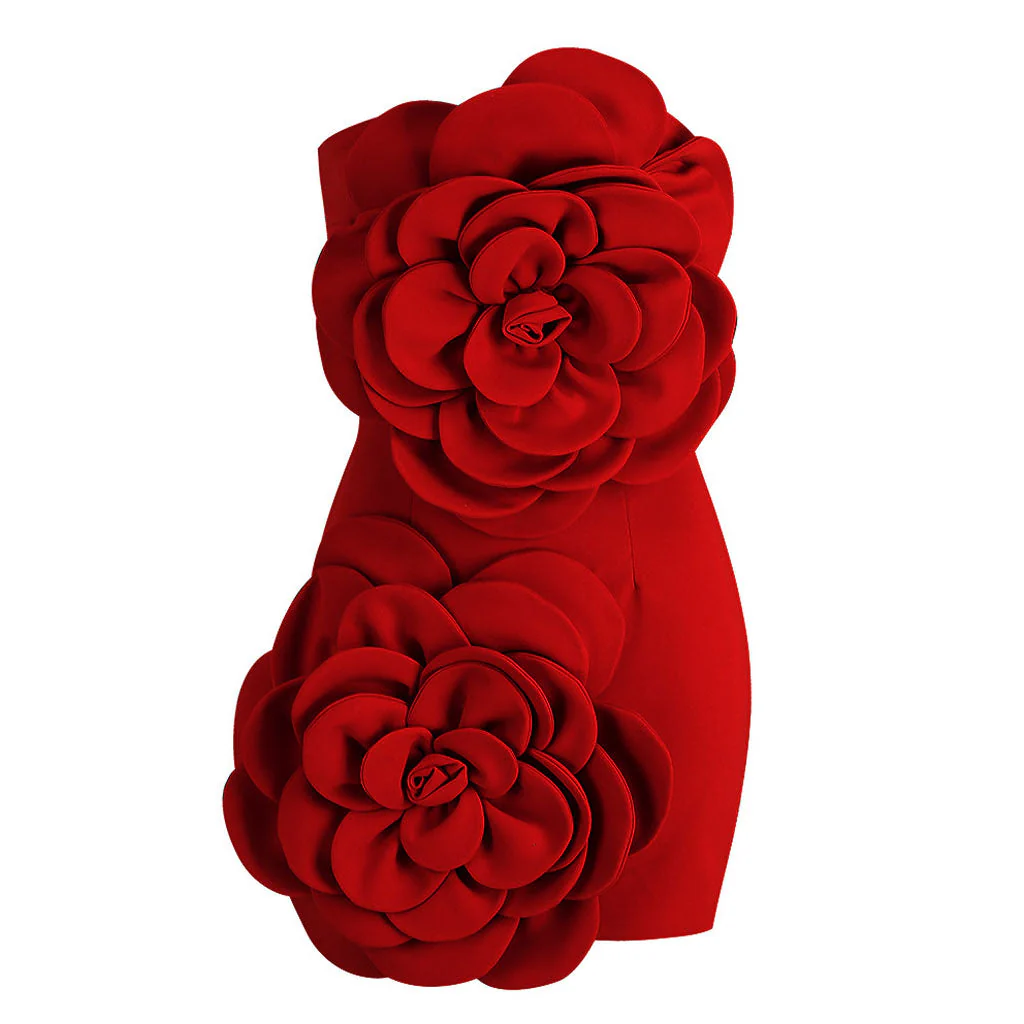 Vintage Big Rose Detailed Gloved Bodycon Party Strapless Crepe Mini Dress - Image 2