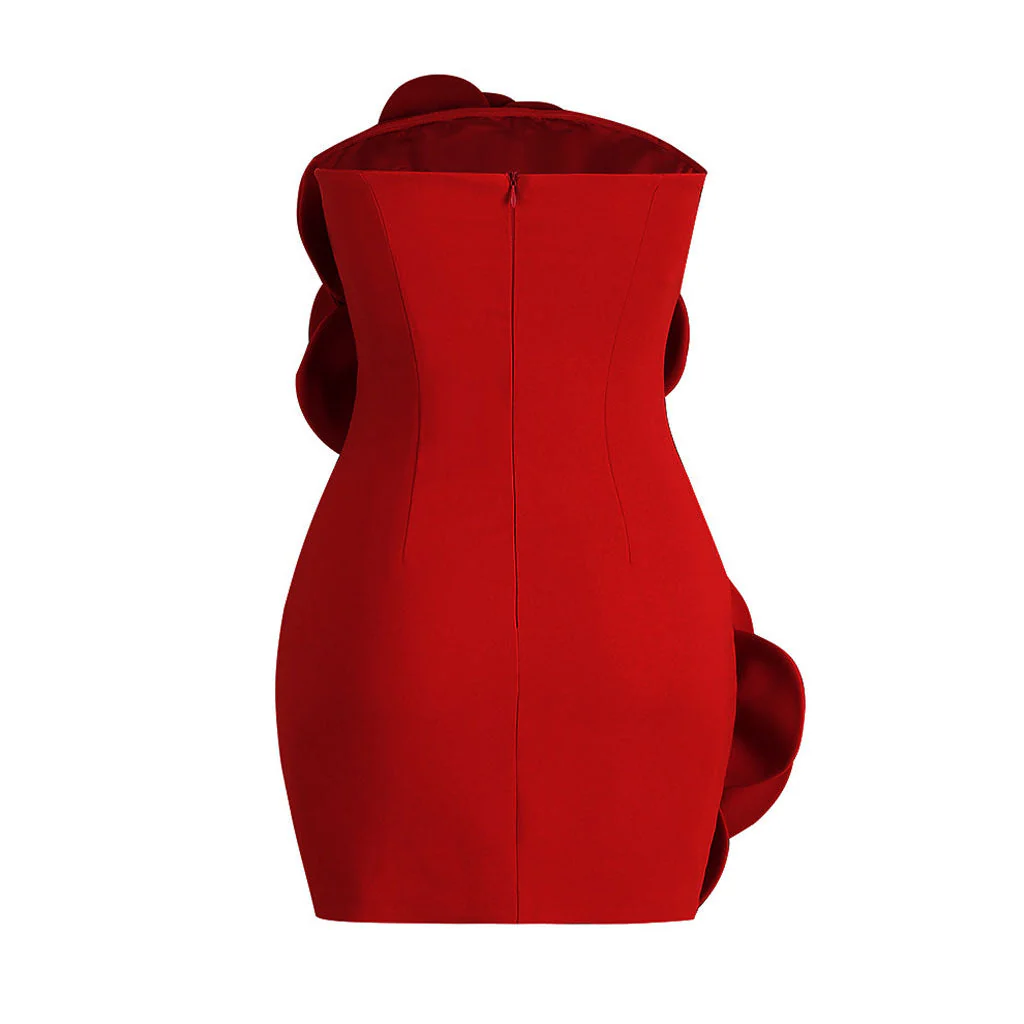 Vintage Big Rose Detailed Gloved Bodycon Party Strapless Crepe Mini Dress - Image 3