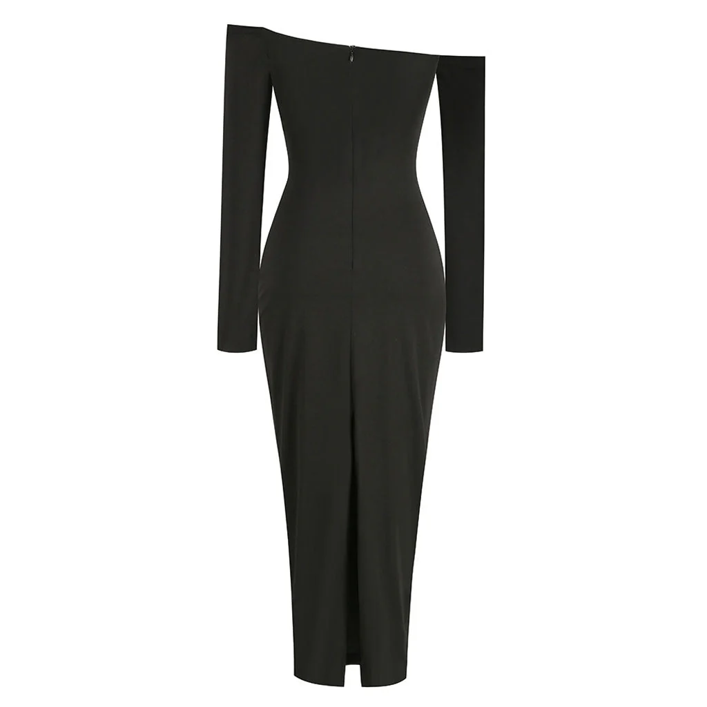 Vintage Big Rose Detailed Off The Shoulder Long Sleeve Formal Maxi Jersey Dress - Image 3