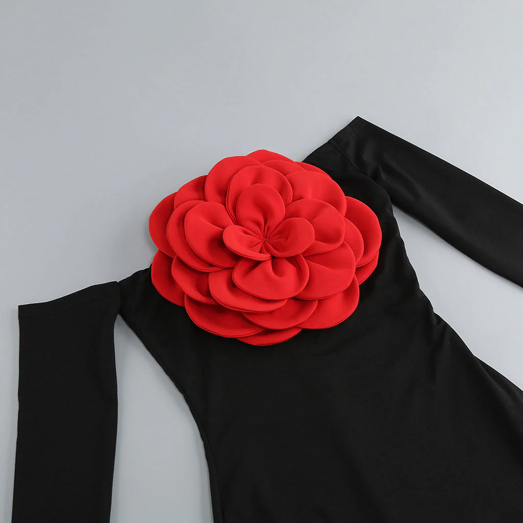 Vintage Big Rose Detailed Off The Shoulder Long Sleeve Formal Maxi Jersey Dress - Image 4