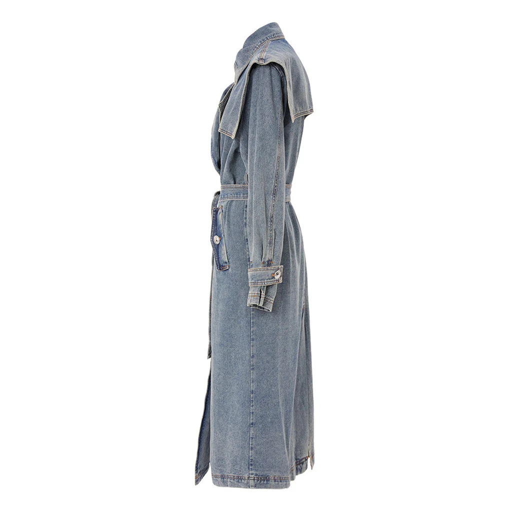 Vintage Buttoned Collar Belted Double Breasted Worn In Effect Denim Trench Coat - Image 6