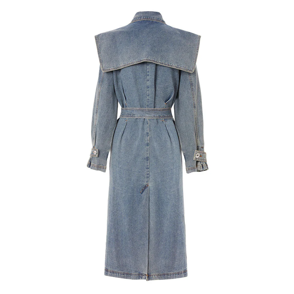 Vintage Buttoned Collar Belted Double Breasted Worn In Effect Denim Trench Coat - Image 7
