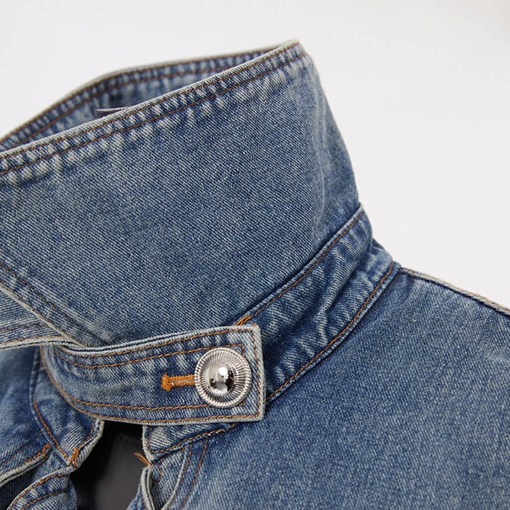 Vintage Buttoned Collar Belted Double Breasted Worn In Effect Denim Trench Coat - Image 8