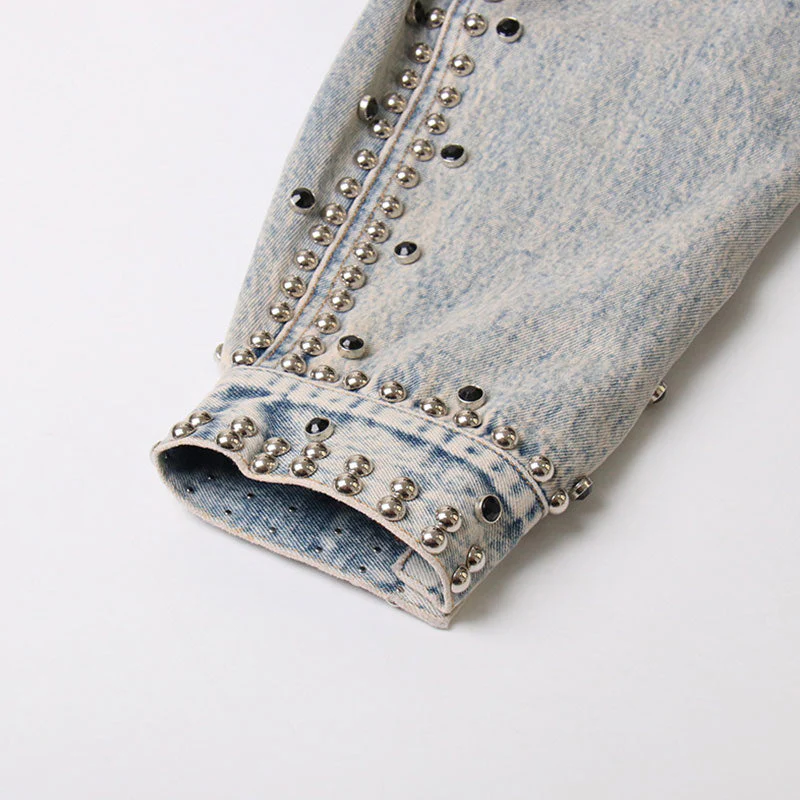 Vintage Collared Drop Shoulder Long Sleeve Stud Embellished Denim Bolero Jacket - Image 5