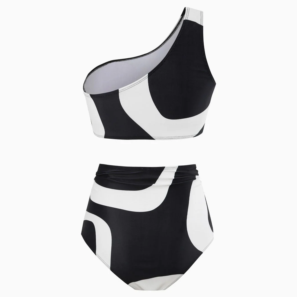 Vintage Contrast Wave Ruched High Waist Modest One Shoulder Bikini Set - Image 2