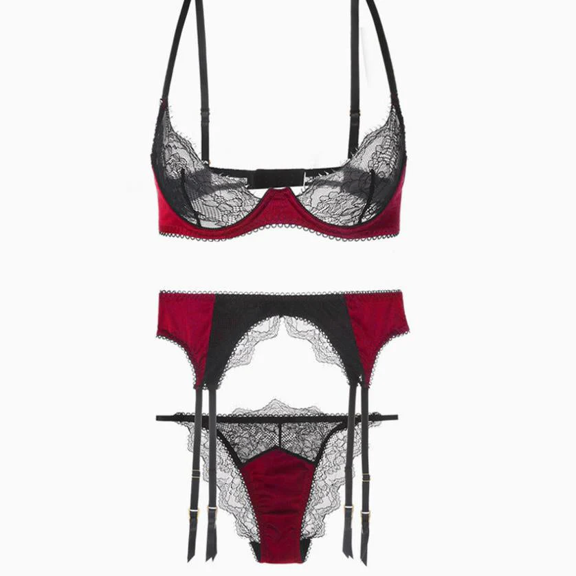 Vintage Cut Out Floral Lace Underwired Garter Bralette Set - Red - Image 2