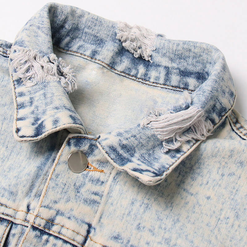 Vintage Distressed Ripped Detail Button Down Acid Wash Denim Jacket - Image 3