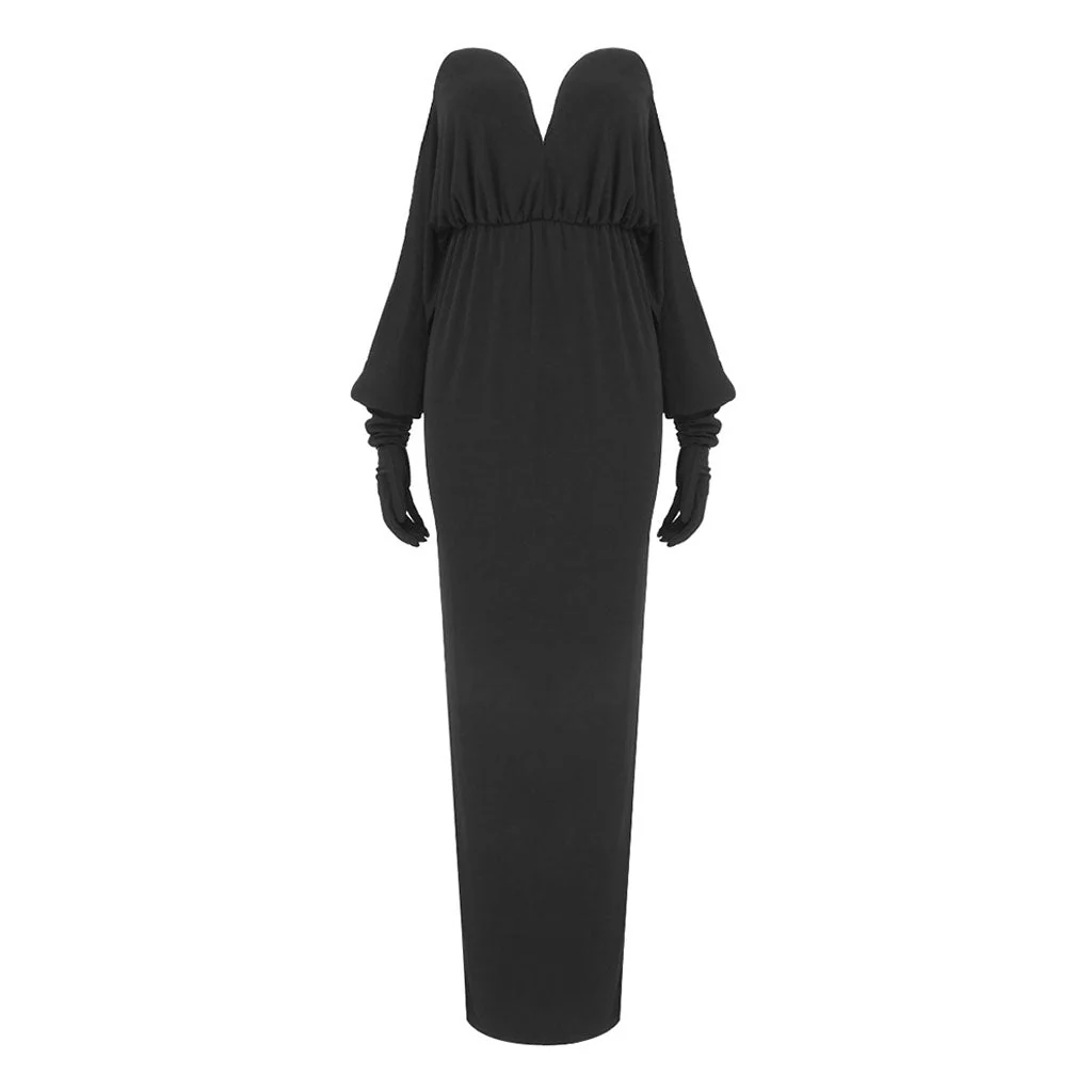 Vintage Draped Plunge Sweetheart Neck Strapless Glove Sleeve Maxi Evening Dress - Image 4