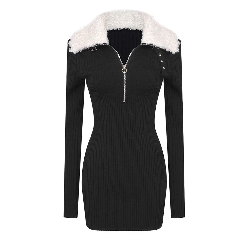Vintage Faux Fur Collar Half Zip Winter Long Sleeve Mini Bandage Bodycon Dress - Image 3