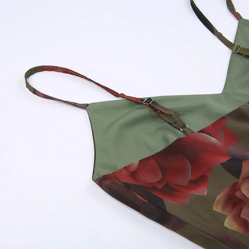 Vintage Floral Print Chiffon V Neck Slip A-line Maxi Dress - Green - Image 4