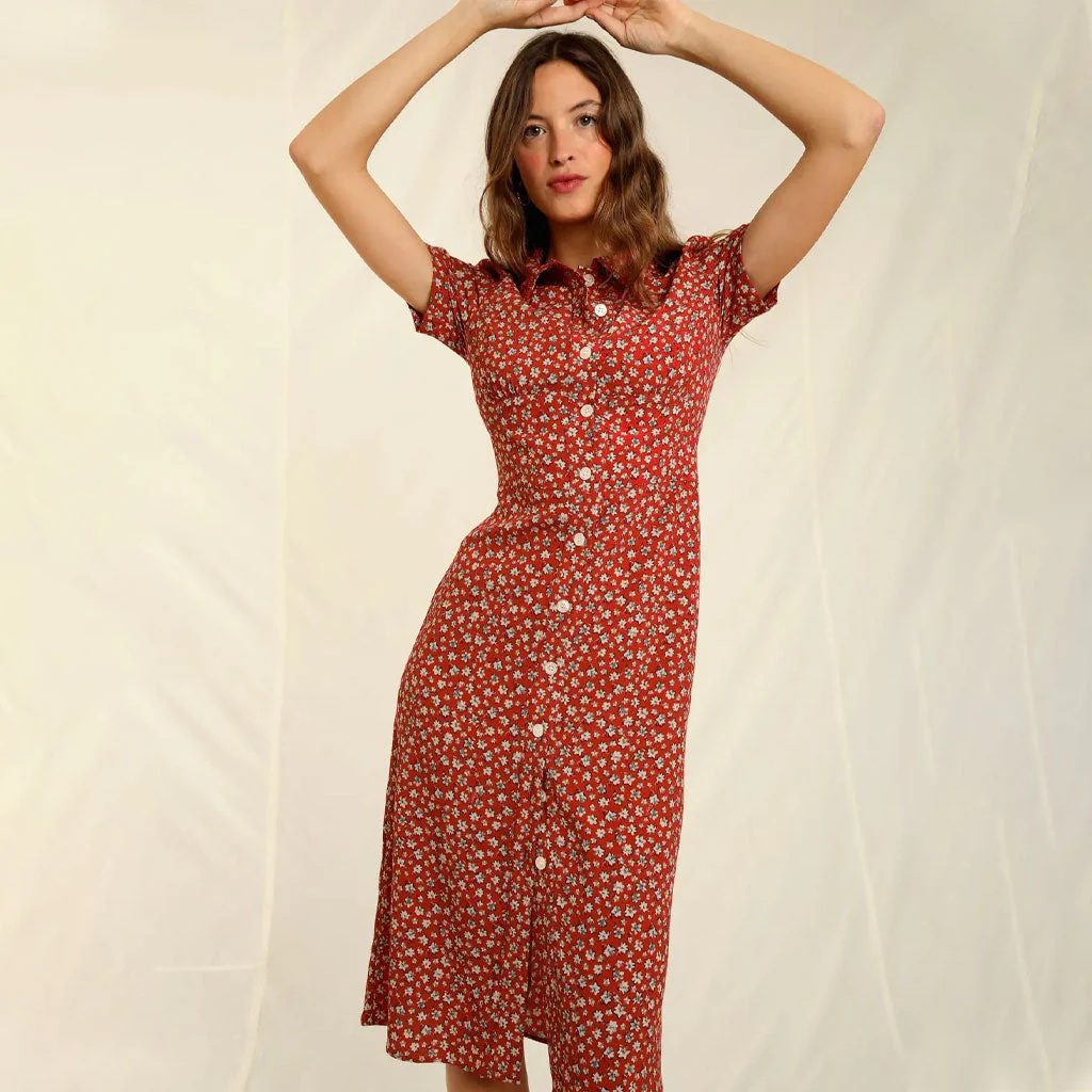 Vintage Floral Print Collared Button Up Short Sleeve Midi Dress - Red - Image 3