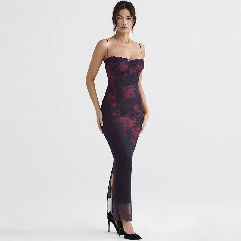 Vintage Floral Print Sweetheart Cami Back Slit Lace Up Mesh Midi Dress - Black - Image 3