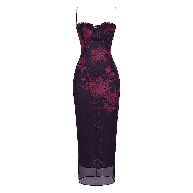 Vintage Floral Print Sweetheart Cami Back Slit Lace Up Mesh Midi Dress - Black - Image 5