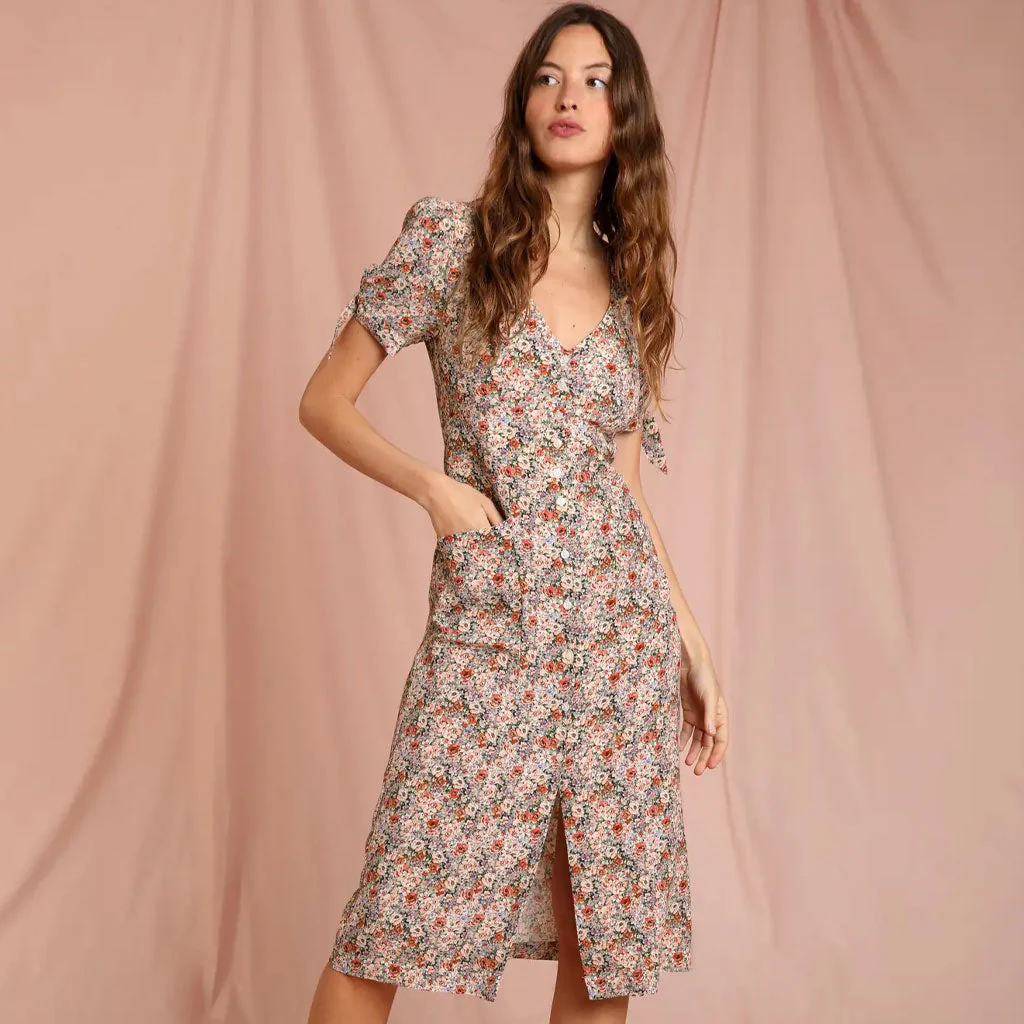 Vintage Floral Print V Neck Button Up Bow Tie Puff Sleeve Midi Dress - Red - Image 2