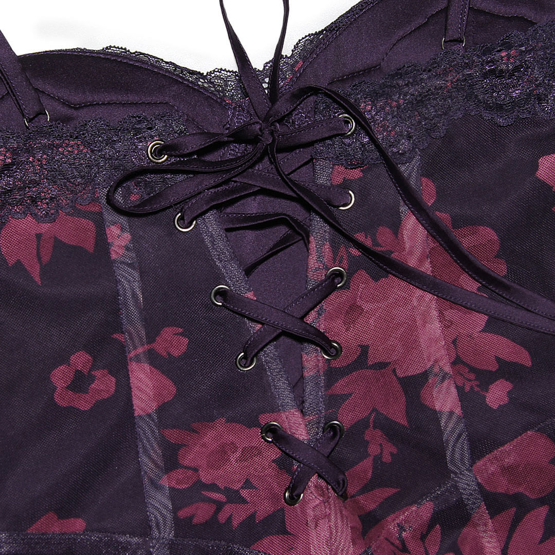 Vintage Flower Print Mesh Panel Lace Up Back Slip Maxi Dress - Black - Image 4