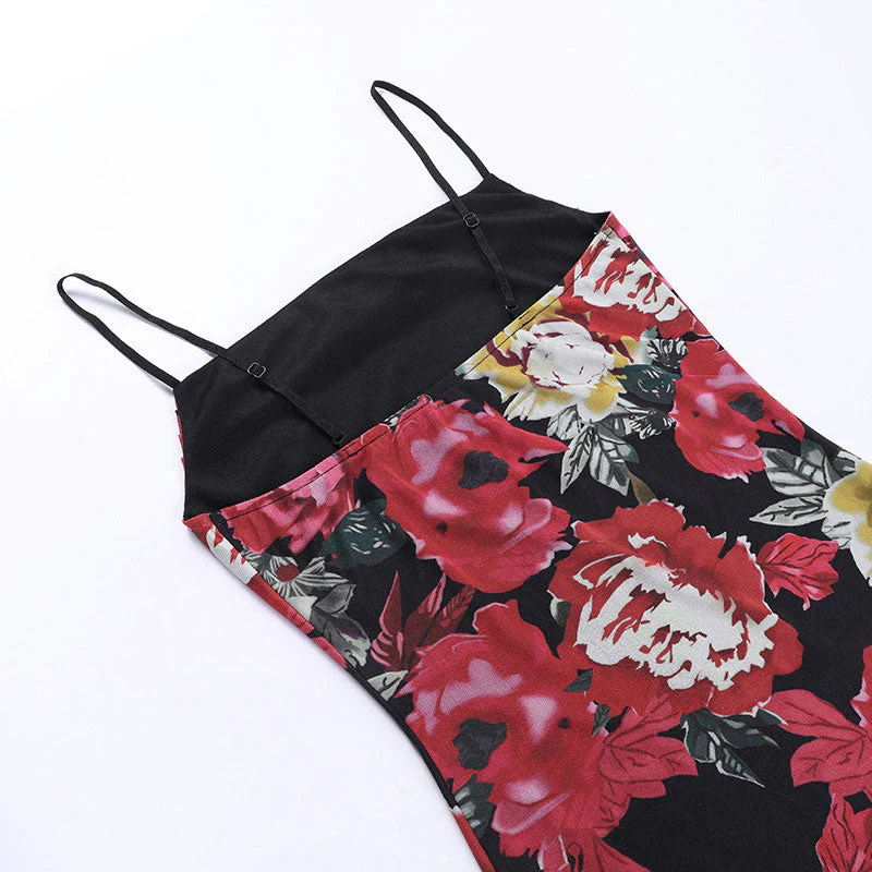 Vintage Flower Print Square Neck Bodycon Slip Mesh Mini Sundress - Black - Image 4