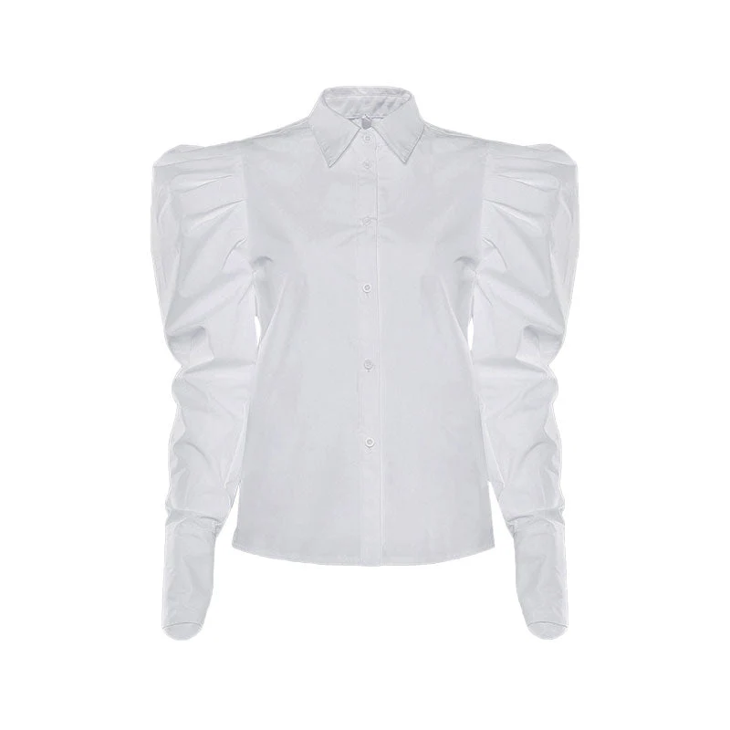 Vintage Frilled Puff Sleeve Pointed Collar Button Up Blouse - White - Image 3