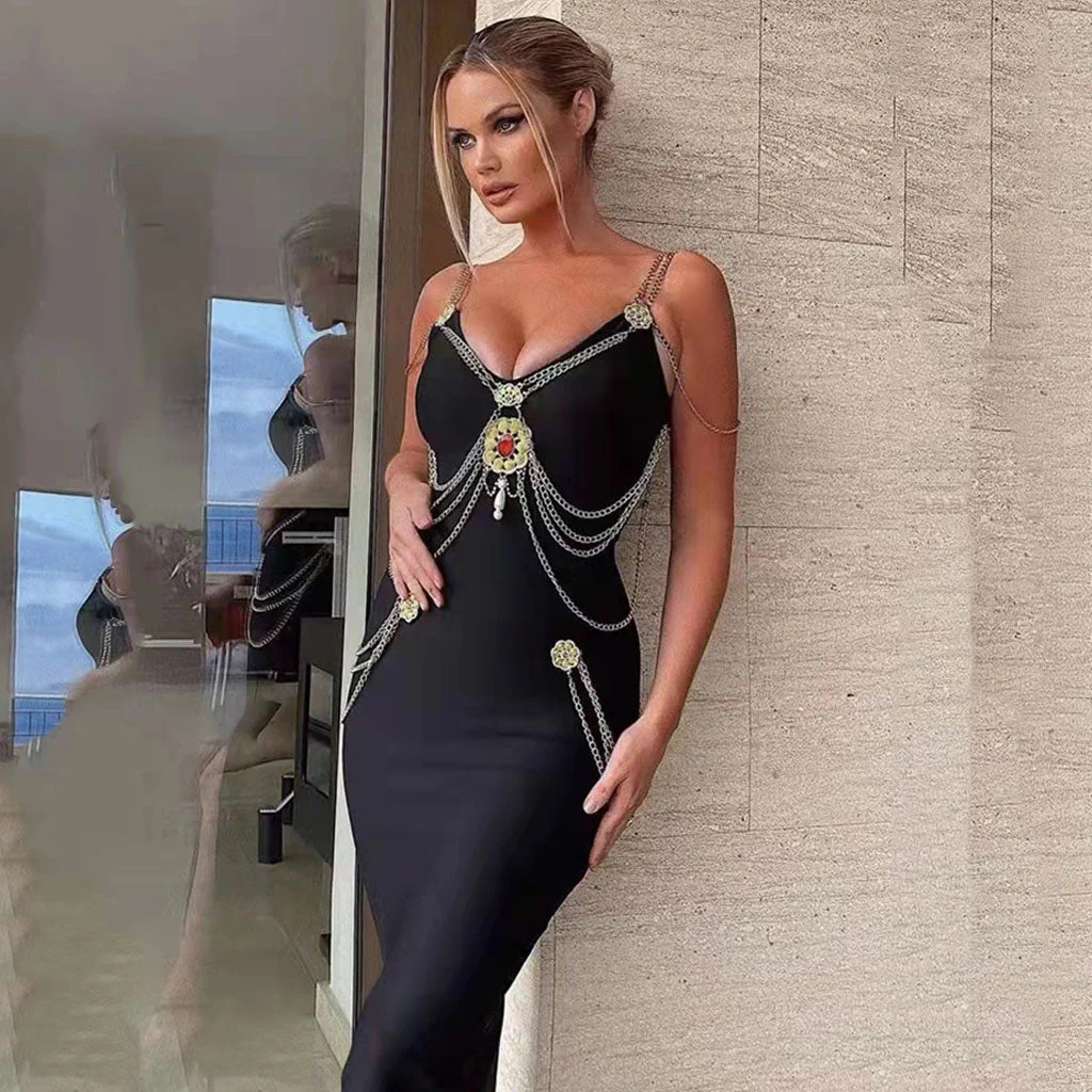 Vintage Gold Chain Strappy Deep V Evening Maxi Dress - Black - Image 3