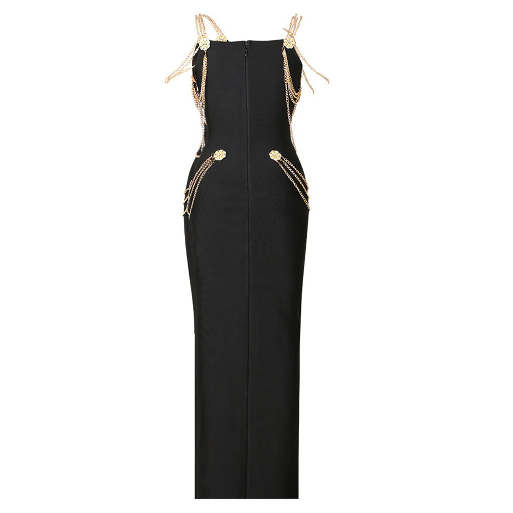 Vintage Gold Chain Strappy Deep V Evening Maxi Dress - Black - Image 6