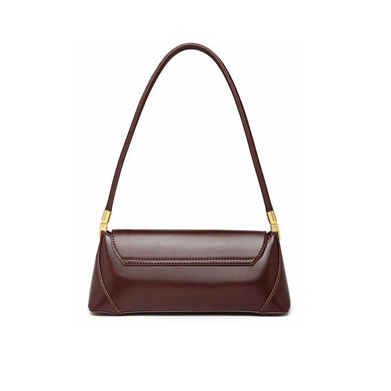 Vintage Gold Tone Buckled Flap Front Leather Baguette Bag - Chocolate - Image 3