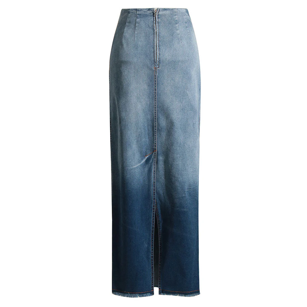 Vintage Gradient Raw Trim Back Slit High Waist Maxi Denim Skirt - Image 2