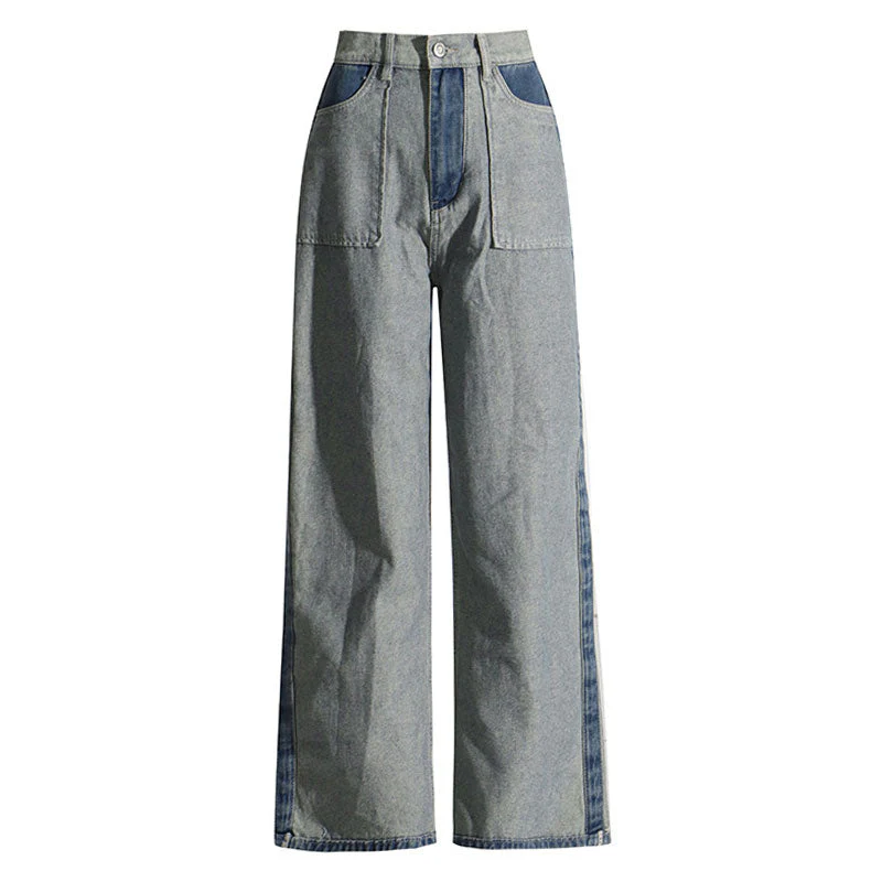 Vintage High Waist Cargo Pocket Wide Leg Contrast Panel Denim Jeans - Image 2