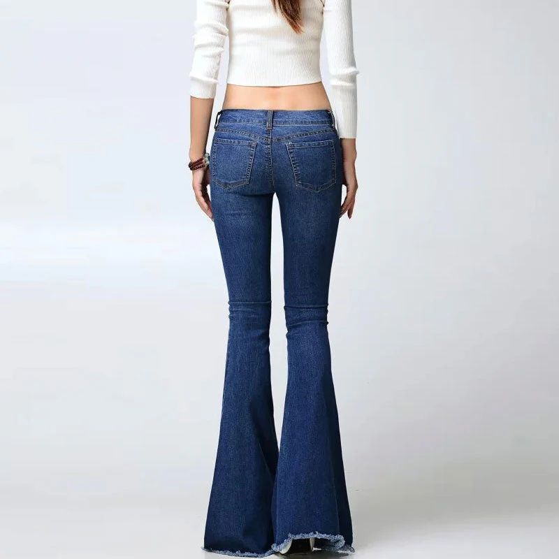 Vintage High Waist Faded Frayed Skinny Flare Jeans - Dark Blue - Image 4
