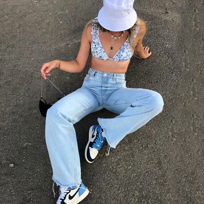 Vintage High Waist Frayed Trim Wide Leg Jeans - Light Blue - Image 4