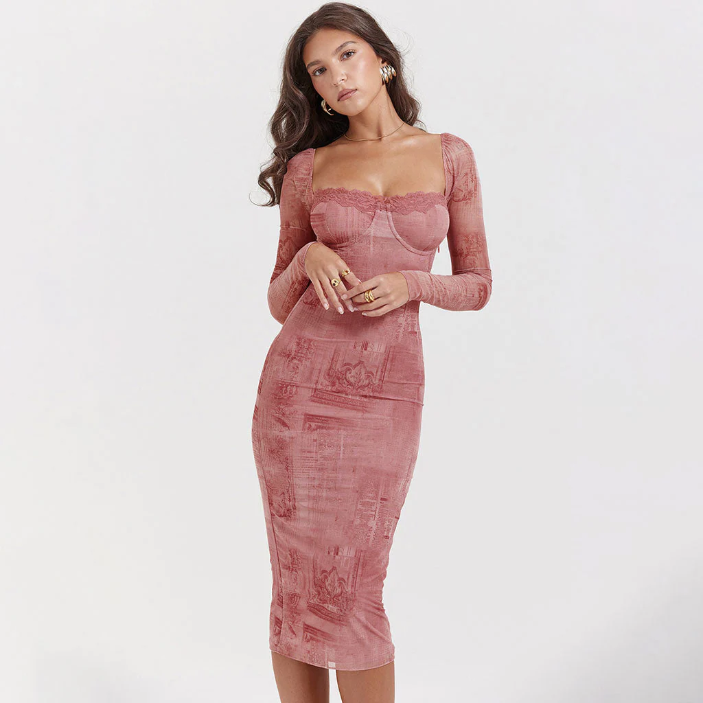 Vintage Lace Sweetheart Neck Lace Up Long Sleeve Hazy Printed Bodycon Midi Dress - Image 2