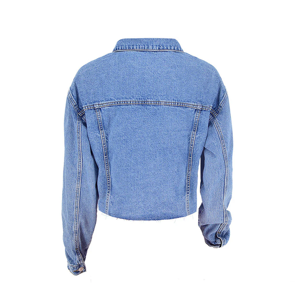 Vintage Long Sleeve Button Up Frayed Crop Denim Jacket - Blue - Image 4