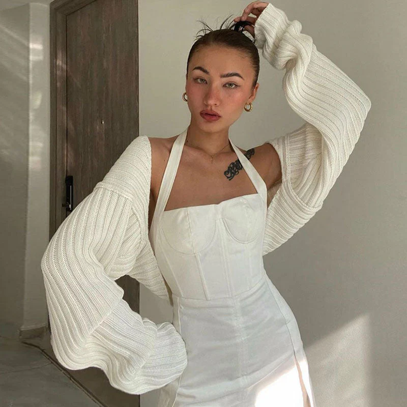 Vintage Long Sleeve Drop Shoulder Rib Knit Shrug Cardigan - White - Image 2