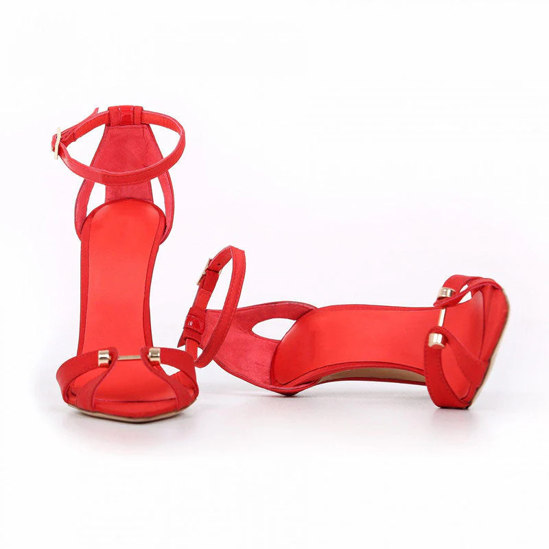 Vintage Metal Bar Detail Pointed Toe Ankle Strap Stiletto Pumps - Red - Image 4