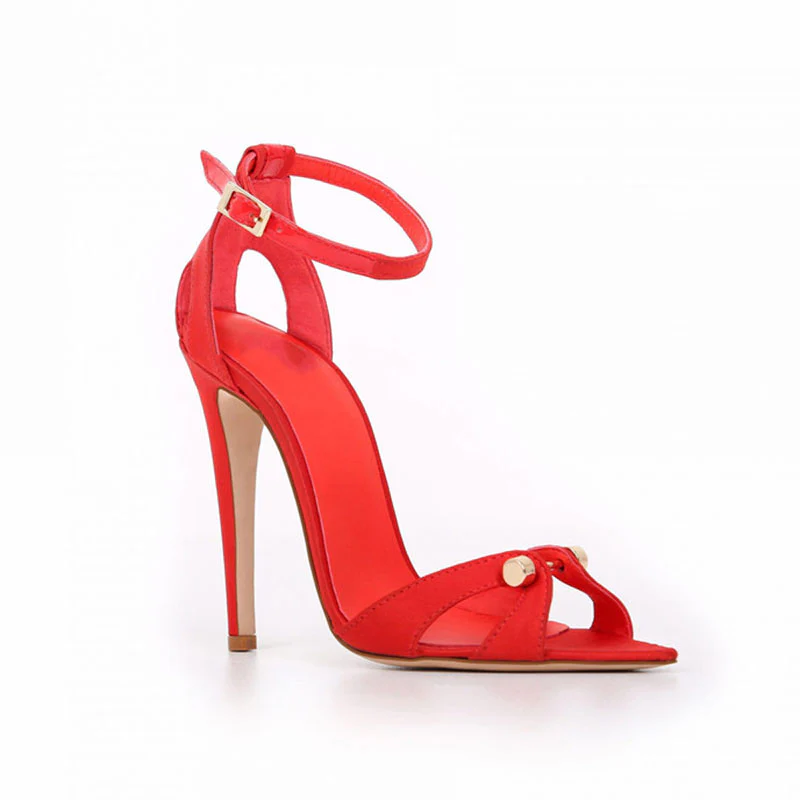 Vintage Metal Bar Detail Pointed Toe Ankle Strap Stiletto Pumps - Red - Image 6