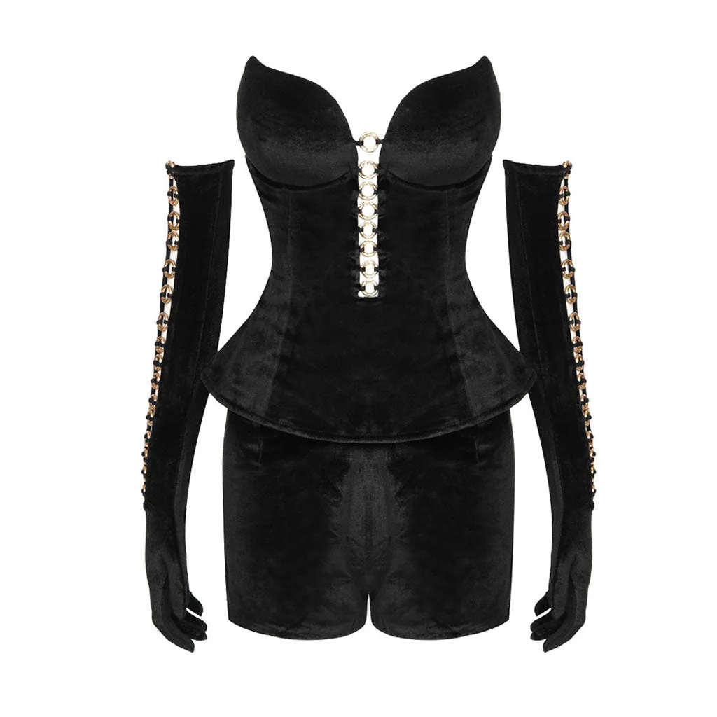 Vintage O Ring Full Glove Velvet Strapless Top Low Rise Short Matching Set - Image 4