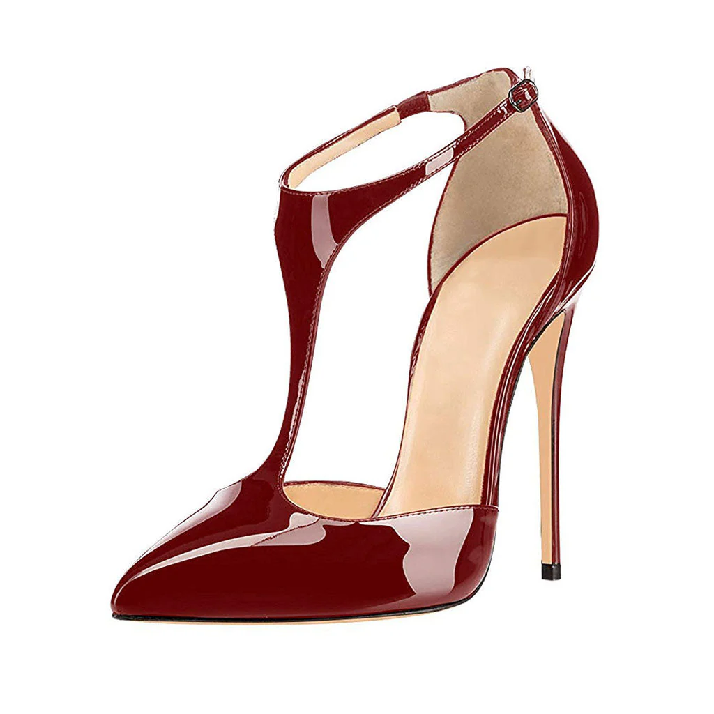 Vintage Patent Leather Pointed Toe T Strap Stiletto Pumps - Burgundy - Image 2