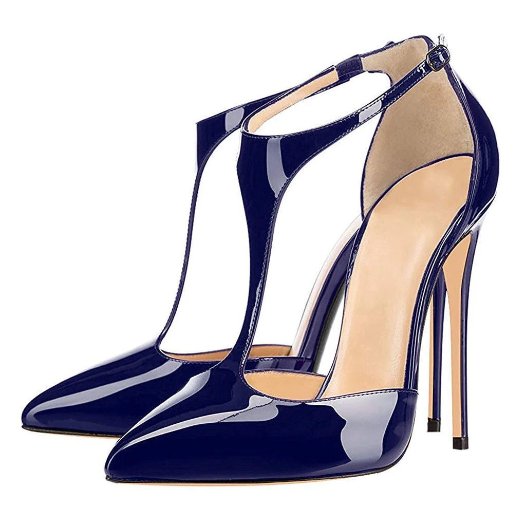 Vintage Patent Leather Pointed Toe T Strap Stiletto Pumps - Navy Blue - Image 3