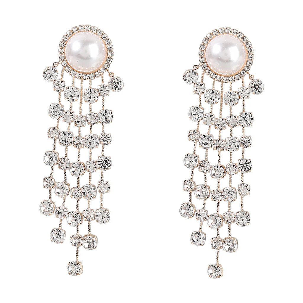 Vintage Pearl Crystal Embellished Chandelier Earrings - Gold - Image 2