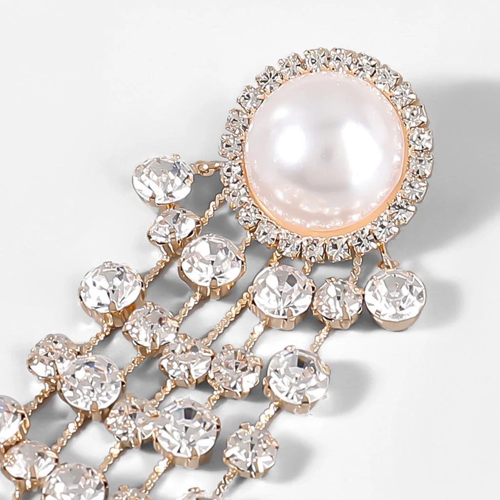 Vintage Pearl Crystal Embellished Chandelier Earrings - Gold - Image 4