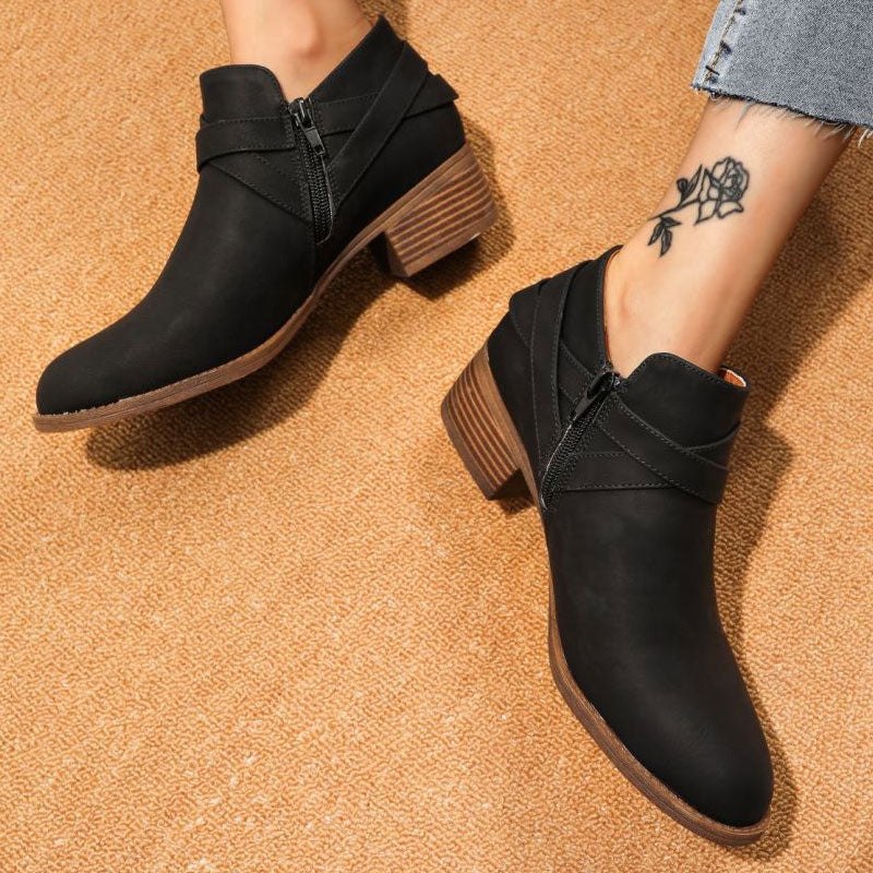 Vintage Pointed Toe Block Heel Buckle Strap Suede Ankle Boots - Black - Image 3