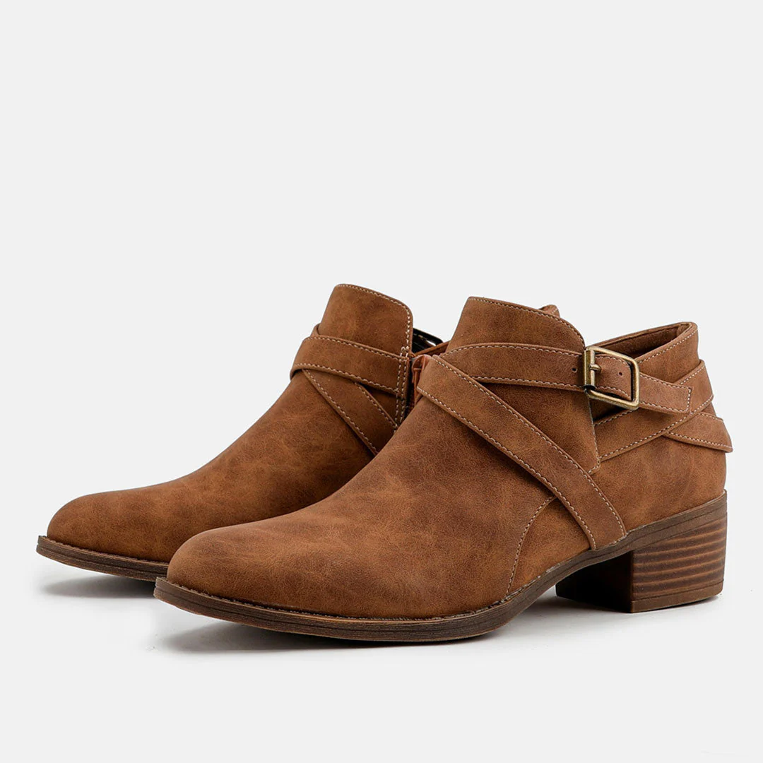 Vintage Pointed Toe Block Heel Buckle Strap Suede Ankle Boots - Brown - Image 5