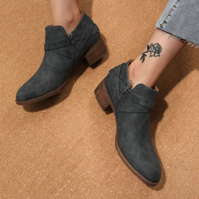 Vintage Pointed Toe Block Heel Buckle Strap Suede Ankle Boots - Gray Blue - Image 2