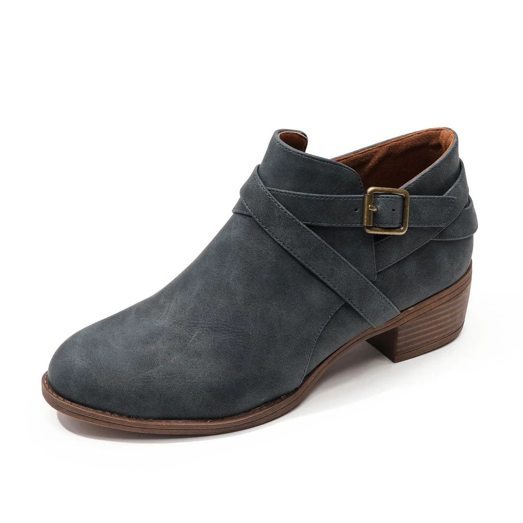 Vintage Pointed Toe Block Heel Buckle Strap Suede Ankle Boots - Gray Blue - Image 3