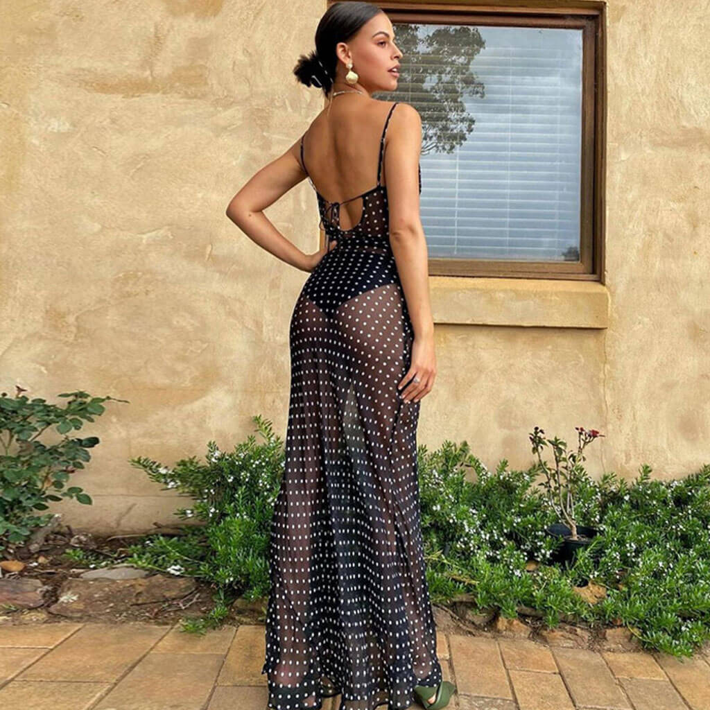 Vintage Polka Dot Cowl Neck Floss Strap Sheer Maxi Dress - Black - Image 3